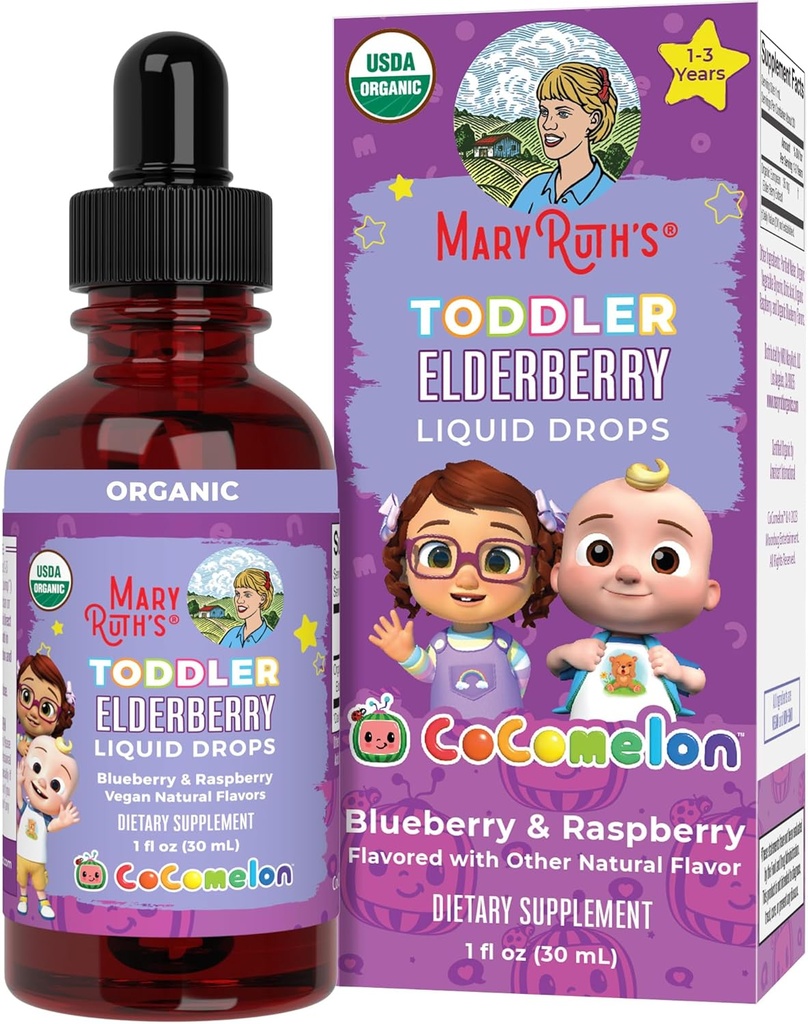 MaryRuth Organics Cocomelon Toddler Elderberry Syrup, USDA Organic Elderberry, Sugar Free Kids Immune Support Supplement for Ages 1-3 Years, Clean Label Project Verified®, Vegan, 글루텐 무료, 1 Fl Oz