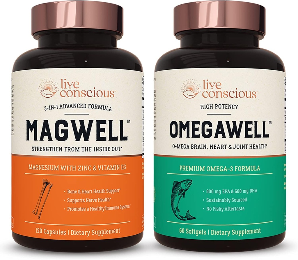 Live Conscious OmegaWell Fish Oil & MagWell 마그네슘 아연 & 비타민 D3 | 뼈 & 심장 건강, 면역 체계 지원 + 심장, 두뇌 & 합동 지원