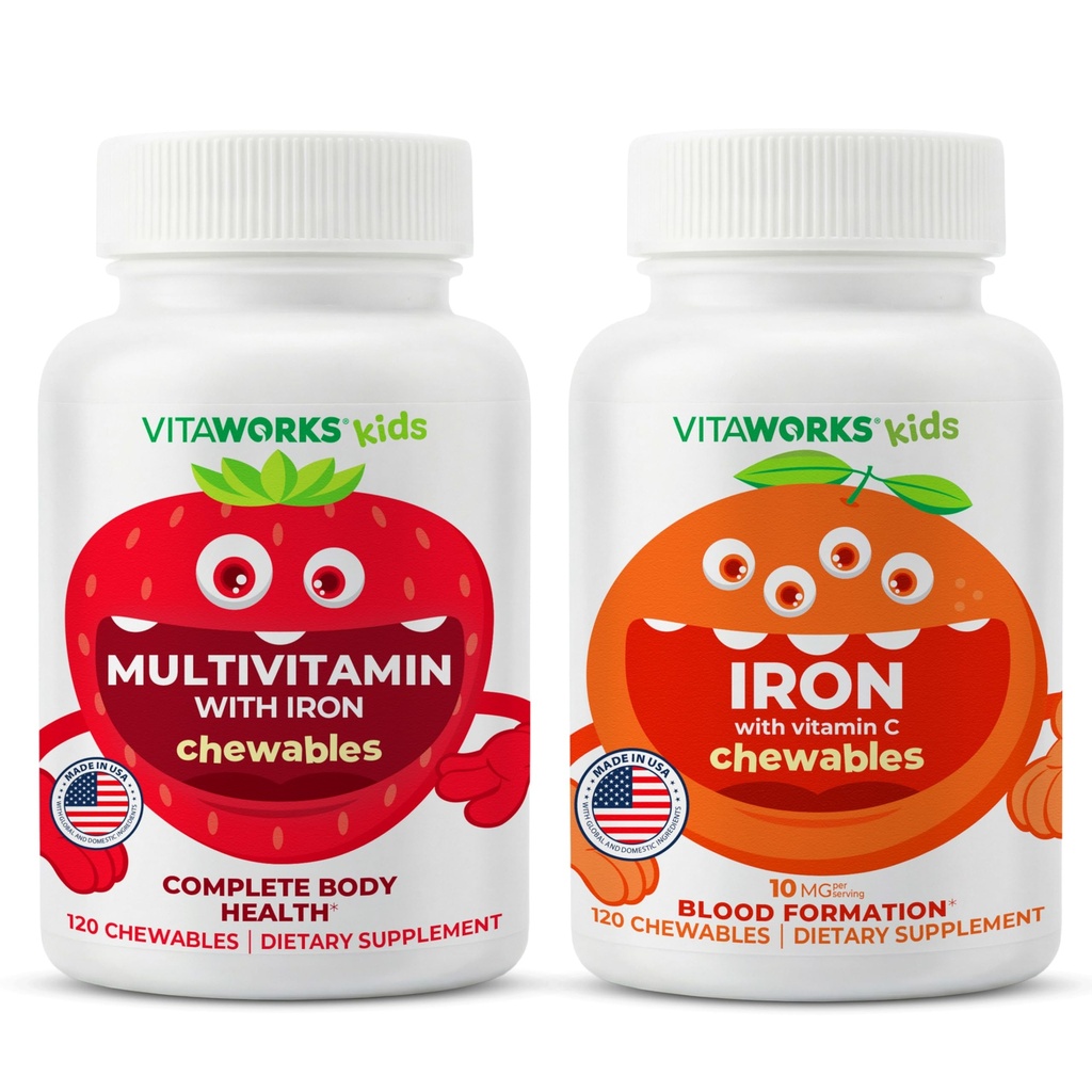 아이 Multivitamin Chewables + 철 10mg + 비타민 C Chewables 뭉치