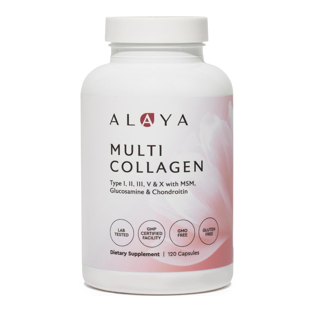 Alaya Naturals Hydrolyzed Multi Collagen Peptides Protein Capsules - 유형 I, II, III, V, X Grass-Fed Bovine, 닭, 해양 교원질 보충 MSM + GC (캡슐 - 120 개)