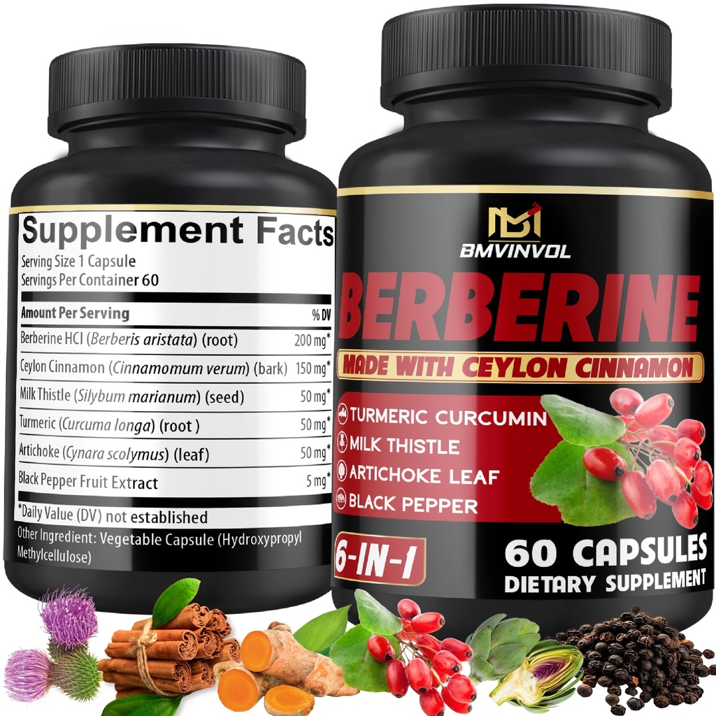 Ceylon Cinnamon, Turmeric, Artichoke, Milk Thistle - Berberine HCl 보충교재 약을 가진 Berberine 보충교재 - 60의 캡슐 [2달 공급]