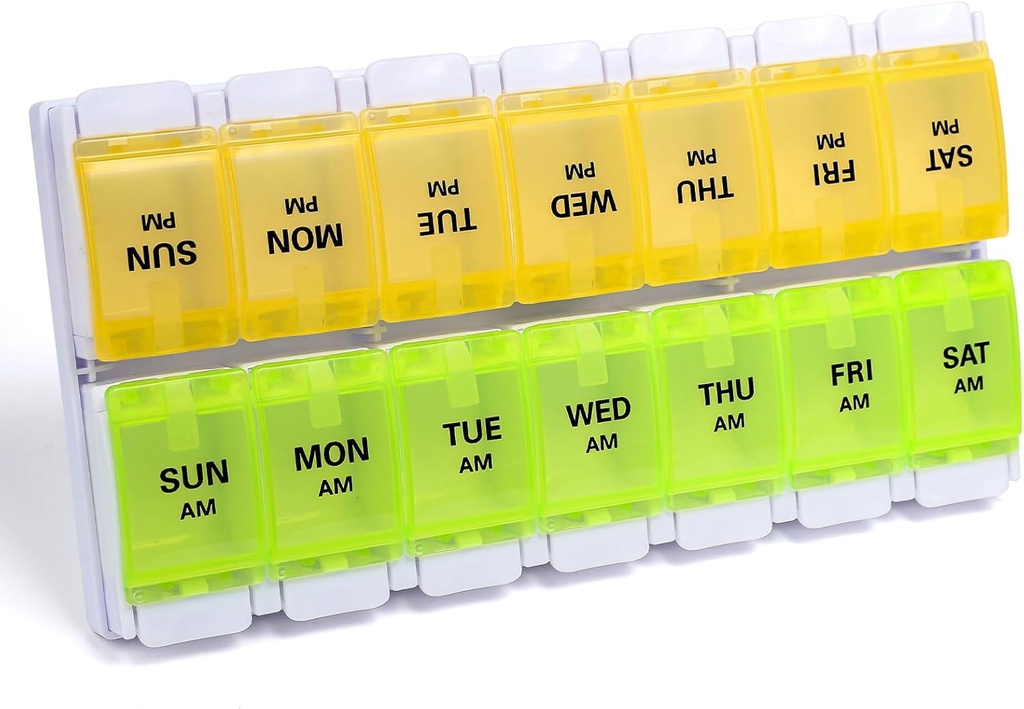 Sukuos AM PM Weekly Pill 주최자 7 일, Easy Push Button, BPA Free Vitamin Cases for Fish Oil/Supplements, Easy to Clean (Yellow&Green)