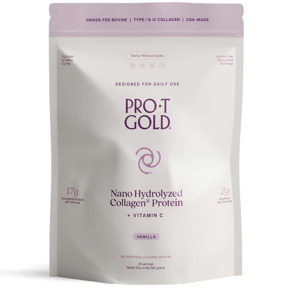 ProT Gold Collagen Protein Powder, 17g Protein Nano-Hydrolyzed Grass Fed Collagen, 비타민 C, 2g Arginine for Wound Support, 글루텐 무료, 모든 자연, 지방 및 설탕 무료, 0g Carbs, 바닐라, 23 oz, 30