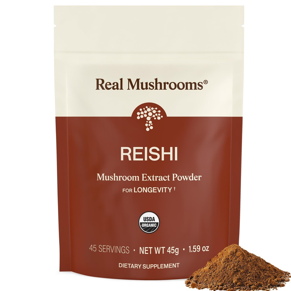 Real Mushrooms Reishi 버섯 분말 - Handpicked Organic Mushroom Extract - 검증 된 Beta Glucans Vegan, Non-GMO, No Grain Fillers, 45 서빙과 Tranquil Daily Wellness에 대한 Red Reishi