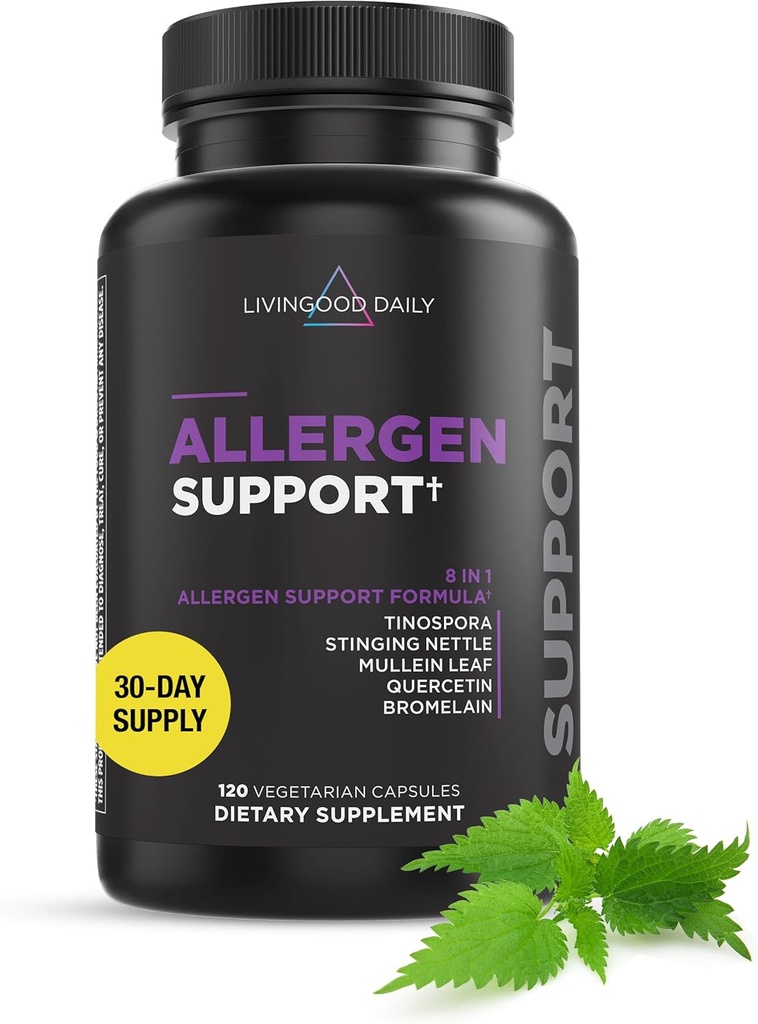 Livingood 매일 알레르기 지원, 비타민 C, Quercetin, Nettle 잎, 아연, Bromelain & Tinospora, 비 GMO, Vegan, 면역 지원 공식, 120 채식 캡슐을 가진 자연적인 알레르기 보충교재