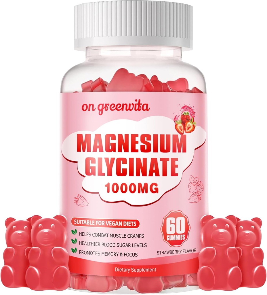 마그네슘 글리세린 Gummies 1000mg - 비타민 D, B6, Calm Mood & 수면 지원을위한 CoQ10과 설탕 무료 마그네슘 칼륨 보충제 - 60 Strawberry Gummies