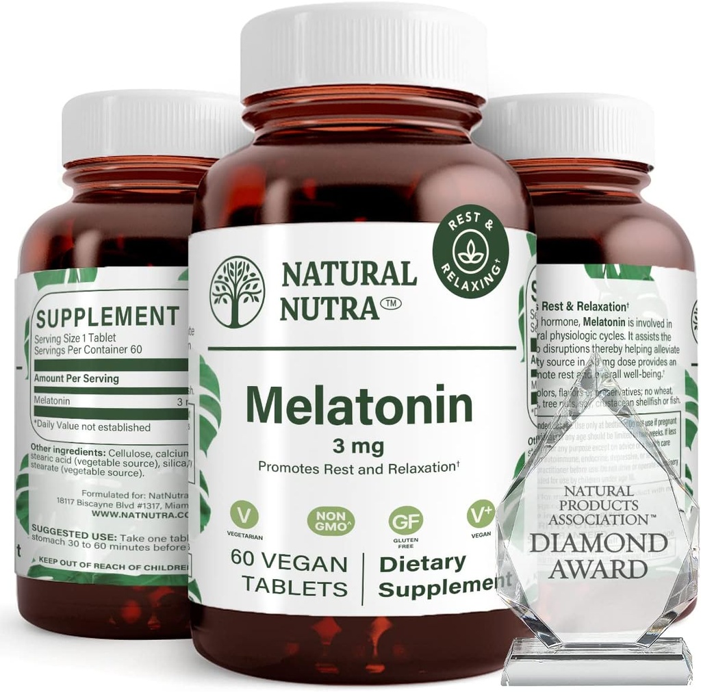 자연적인 Nutra Vegan Melatonin 3mg의 도움은 심장 건강을 개량하고, 면역 체계를 지원하고, 세포 건강 & 심장 건강을, 전반적인 웰니스에 공헌하고, 수면 질을, 글루텐 자유로운, 60의 정제를 지원합니다