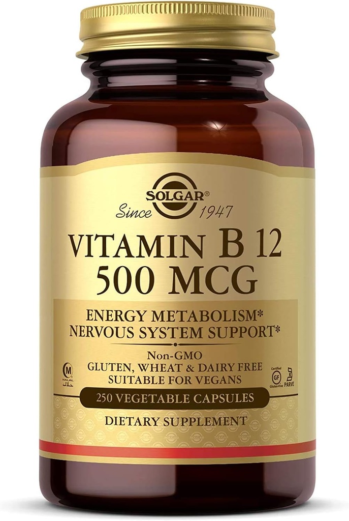 Solgar 비타민 B12 500 mcg, 250 식물성 캡슐 - 에너지 대사 - 신경 시스템 지원 - 심장 건강을 촉진 - 비 GMO, 비건, 글루텐 무료, 낙농장 무료, 고셔, 할랄 - 250 서빙