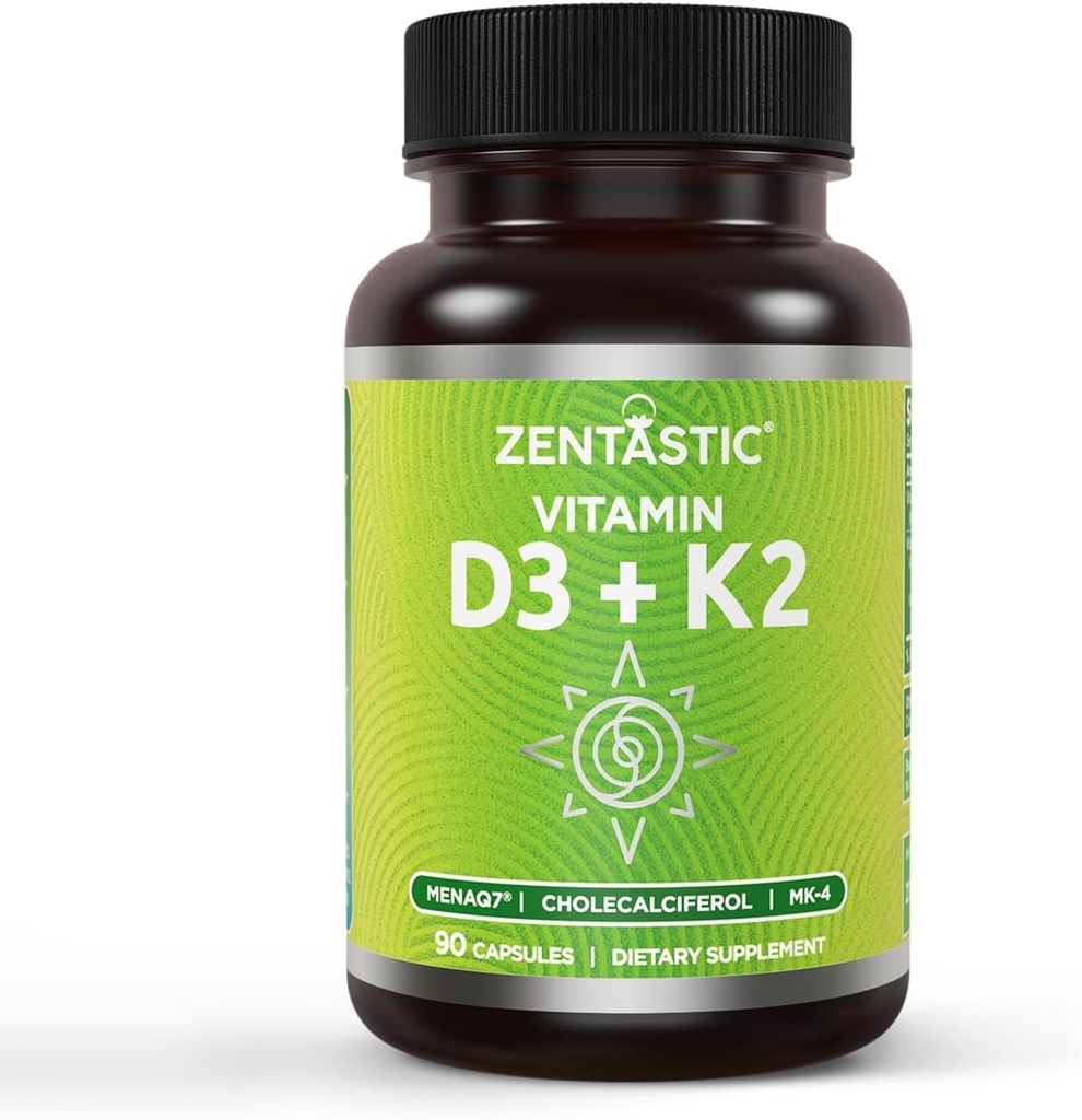 Zentastic 비타민 D3 K2, 5000IU & 200mcg, 비타민 D & 특허 MK7 & 3에서 1 복잡한 지원을 위한 MK4 - 채식주의자, 비 GMO, 90의 모자