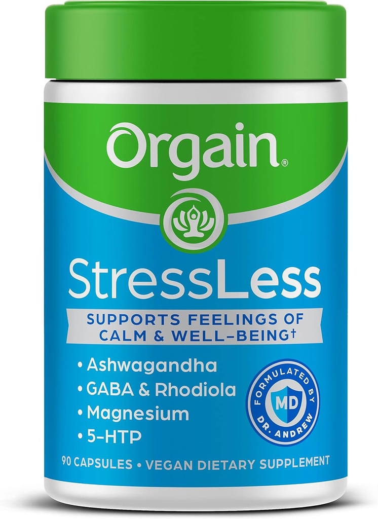 Orgain StressLess, Vegan 스트레스 완화 보충 - 마그네슘, 레몬 Balm, GABA, 5 HTP, Rhodiola Rosea, Ashwagandha 및 Chamomile, 글루텐 무료, 의사 공식화 - 90 카운트, 30 일 공급