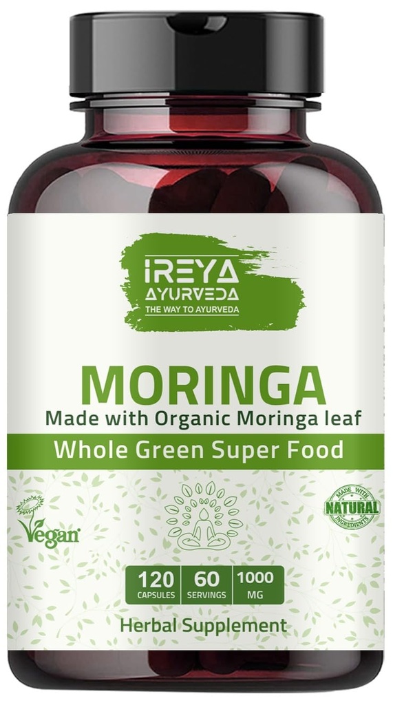 Moringa 캡슐 1000 mg (120 캡슐), Moringa 분말 캡슐 유기 Moringa 잎 분말에서 만든 | Non-GMO 전체적인 녹색 슈퍼 푸드 영양 60 일 공급