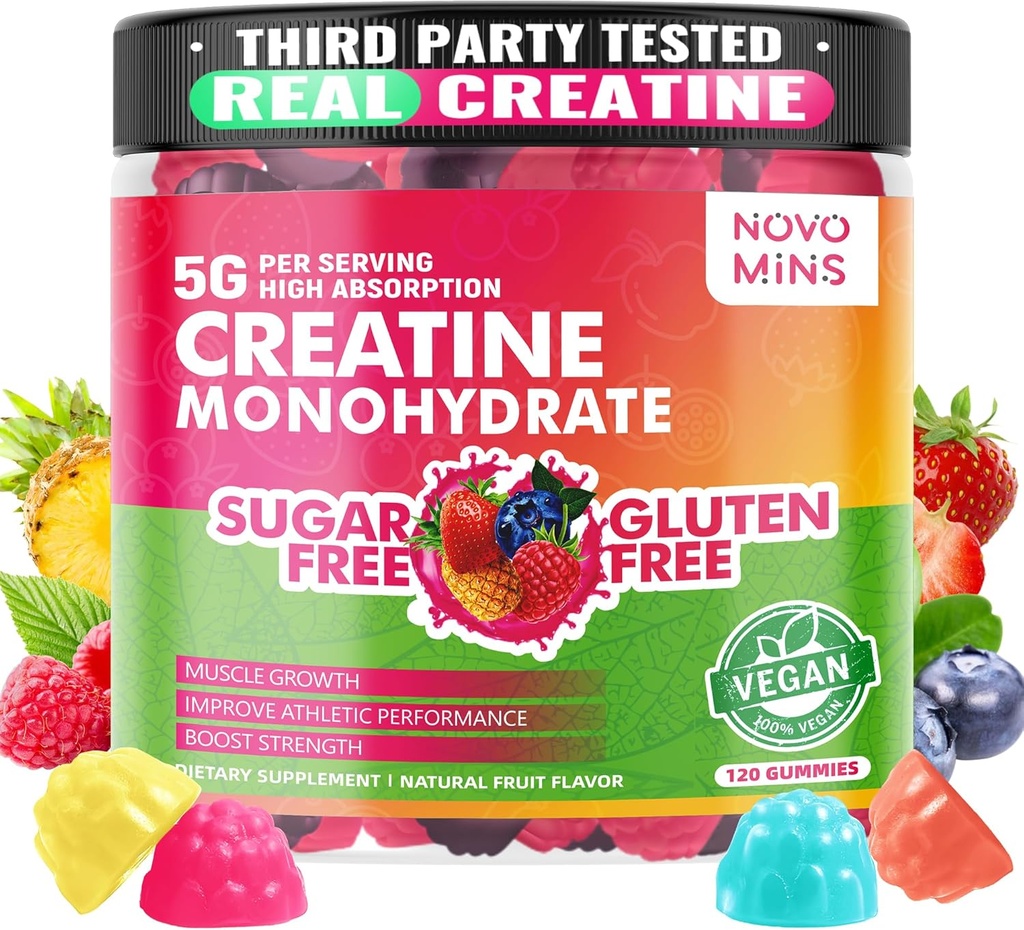 novomins 크레아틴 Monohydrate 남자 & 여자를 위한 Gummies 5000mg, 근육 힘을 위한 Chewable 크레아틴 Monohydrate, 근육 건축업자, 에너지 부스트, 전 운동 보충교재 (120 조사)