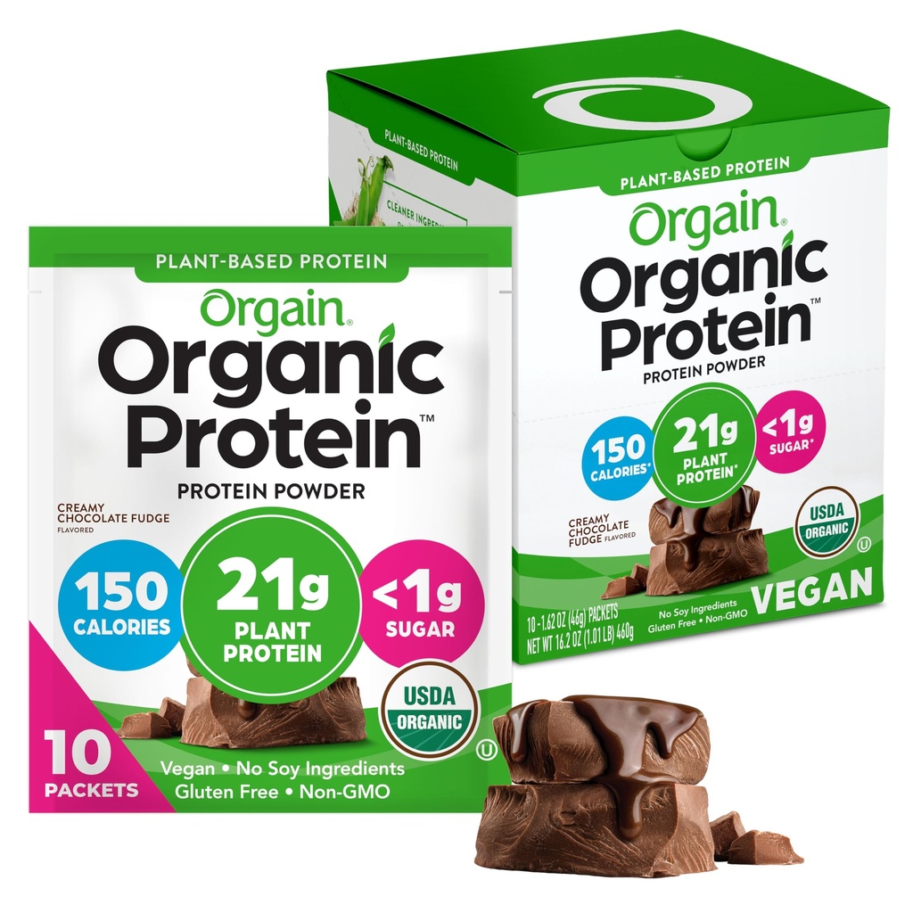 Orgain 유기 채식 단백질 분말, 크림 초콜릿 판 - 21g 식물 단백질, 6g Prebiotic 섬유, 낮은 Carb, 락토스 성분 없음, 추가 설탕 없음, 비 GMO, 쉐이크 및 스무디, 10 여행 팩