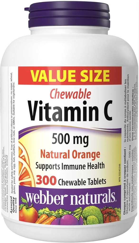 Webber Naturals 비타민 C, 300 Chewable 오렌지 정제, 정제 당 비타민 C의 500 mg, 뼈, 이, 면역성이 있는 지원