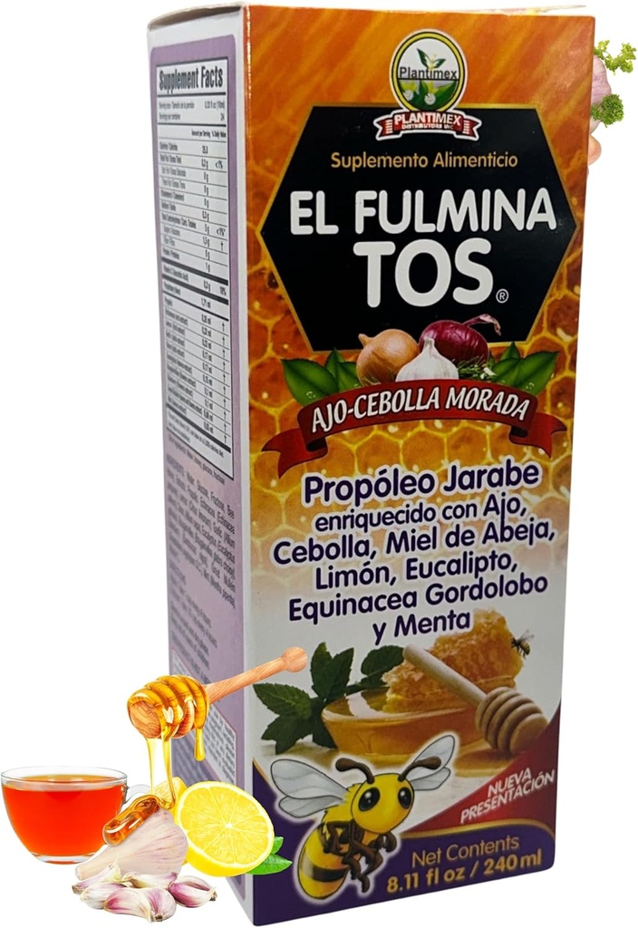 EL FULMINA TOS Propoleo + AJO + CEBOLLA + Miel+Limon+Eucalipto+Equinacea+Gordolobo & Menta (프로폴리스 시럽 W/Garlic와 양파) 8.11 fl oz 영양 보충교재 시럽 FULMINA TOS