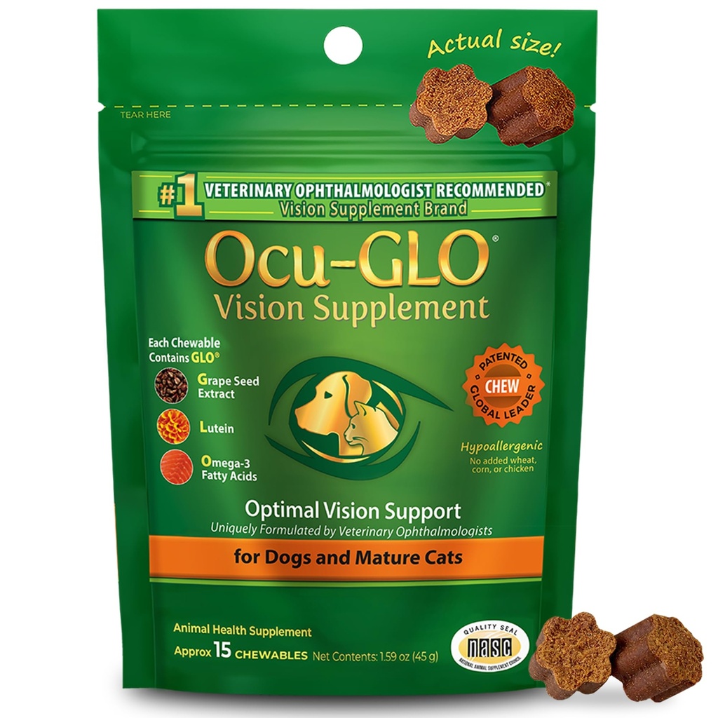 Ocu-GLO Cat & Dog Senior Supplement for Eye Support - Lutein, Omega-3 지방산, 포도씨 추출물 및 산화 방지제와 함께 크고 작은 애완 동물 관리를위한 Chewable Vision Vitamins 보충제