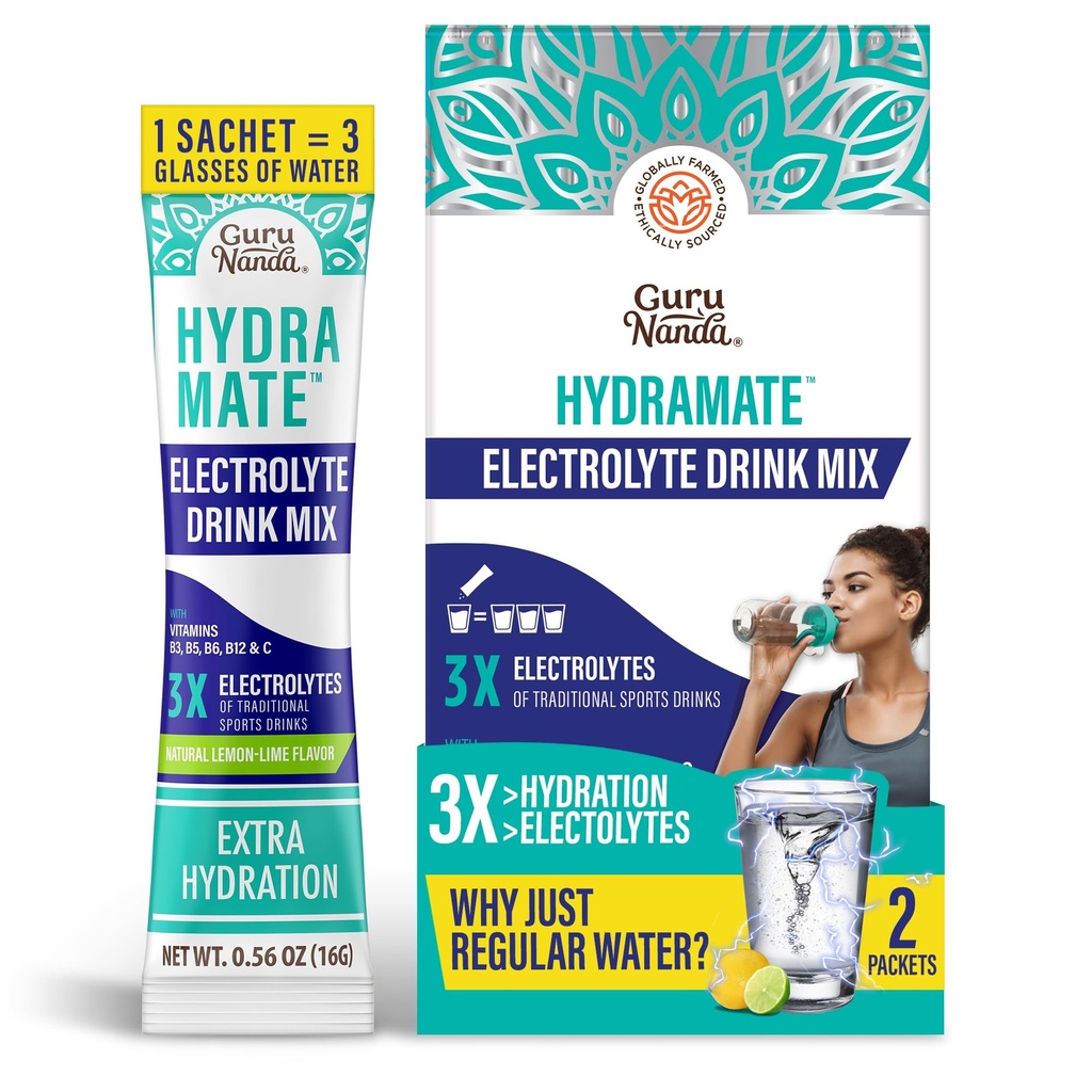 GuruNanda Hydramate Hydration 지원 음료 혼합 - 탈수, 운동 및 에너지를위한 전해질 분말 패킷 - 추가 감미료, 비 GMO, 천연 레몬 라임 풍미 - 2 개 (각 0.56 oz)
