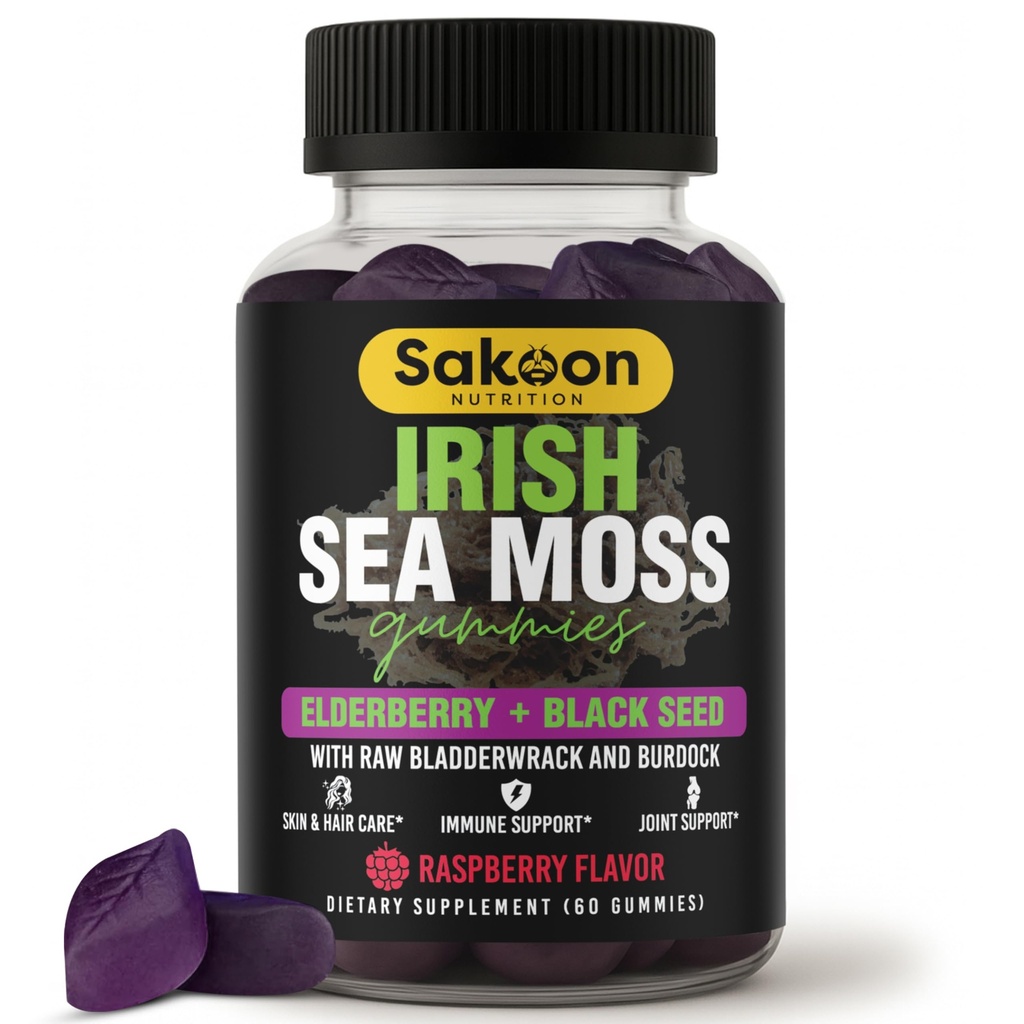 아일랜드어 Sea Moss Gummies with Elderberry & Black Seed Oil - 전반적인 웰빙 지원 | 비타민, 라즈베리 맛 풍부한 | 60 Gummies