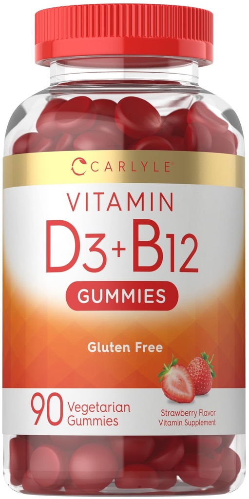 Carlyle Vitamin D3 + B12 Complex Gummies | 90 개 | 채식주의자, 비 GMO 및 글루텐 프리 포뮬러 | 딸기 풍미 보충