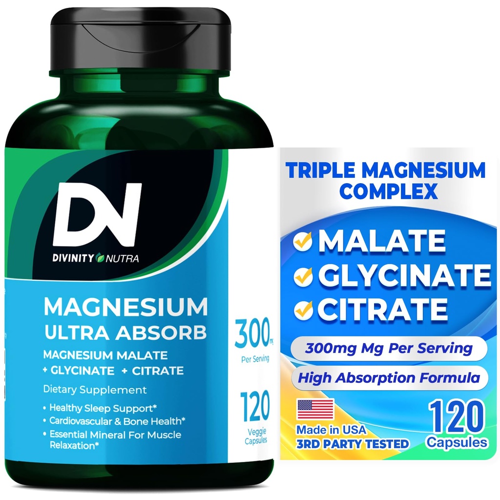 Divinity Nutra Triple Magnesium Complex 보충교재, 마그네슘 글리세라이드의 300mg, 근육, 나브, & 에너지, 높은 흡수, 120 Vegan 캡슐, 비 GMO 미국을 위한 말레이트 & 구연산염 이름 *