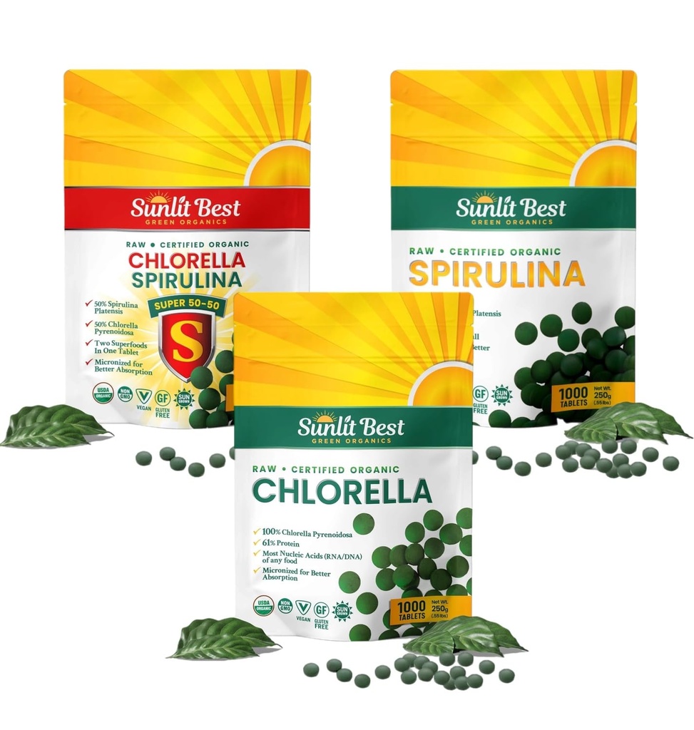 Sunlit Best Ultimate Chlorella & Spirulina Bundle | 슈퍼 그린은 면역 지원, Gut Health, Mood & Energy를 보충합니다.