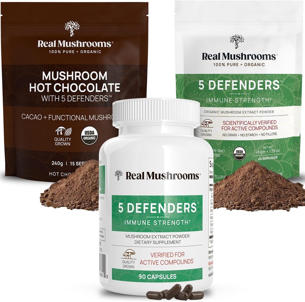 Real Mushrooms 핫 초콜릿 혼합 (15srv), 5 수비수 추출 분말 (45srv), & 5 수비수 보충 (90ct) 지원 면역력 및 전반적인 웰빙에 번들 - 글루텐 - 무료, 비 GMO, Vegan
