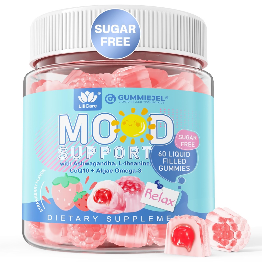 Ashwagandha Saffron Calm Gummies + Omega 3, 여성 남성을위한 L-Theanine & CoQ10, 성인을위한 자연 Calming Happy Relax Gummies, Mood Support Supplement Gummy, Strawberry flavor, Sugar Free, Vegan, 60ct