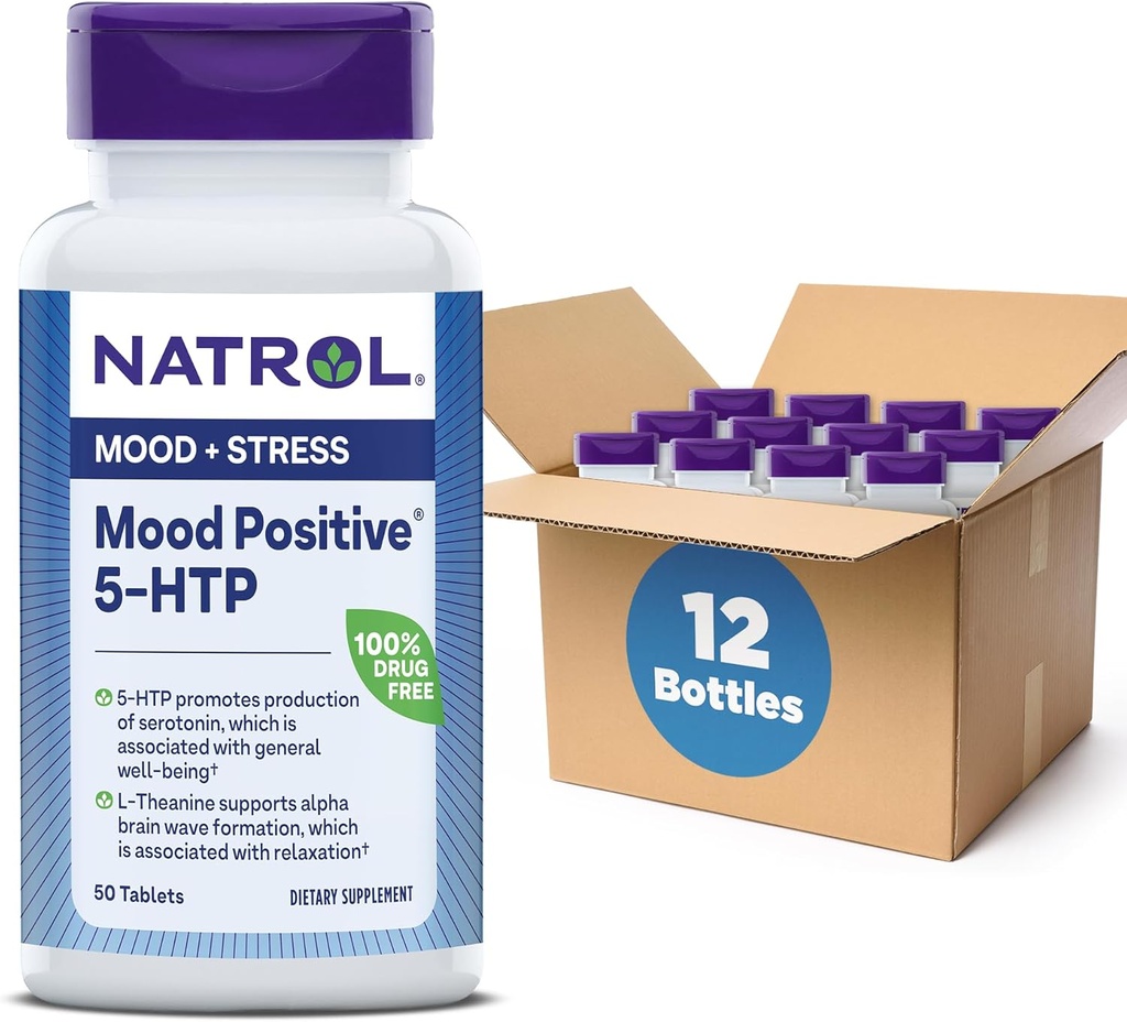 Natrol Mood 긍정적 인 5-HTP 50mg L-Theanine, 비타민 B6, 비타민 B12 및 Folate, 규정식 보충교재는 긍정적 인 계류, 50 정제, 25-50 일 공급 (12의 포장)를 지원합니다