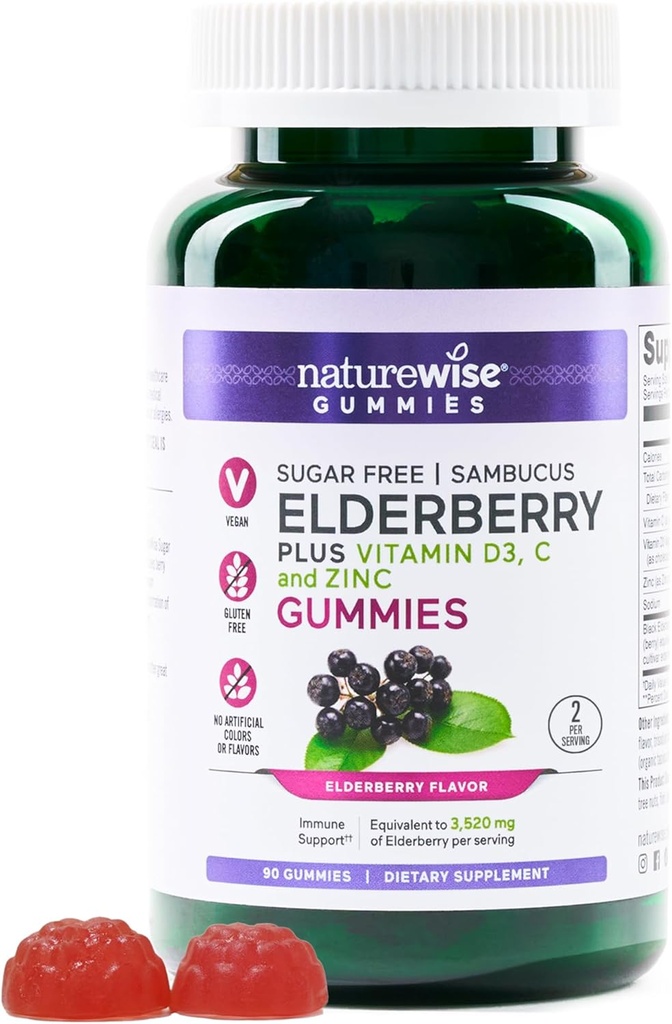 NatureWise Sambucus Elderberry Gummies - Sugar-Free - 비타민 C, D3, 아연 - Vegan, 글루텐 프리, 비 GMO - 90 카운트 [45 일 공급]
