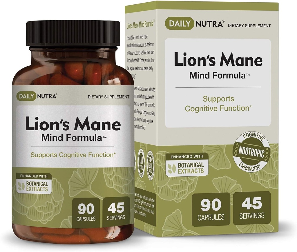 DailyNutra Lion의 Mane Mind Formula - Cognitive Brain Health의 Nootropic 보충 | Bacopa, Gingko 및 Gota Kola (90 캡슐)와 유기 버섯 추출물