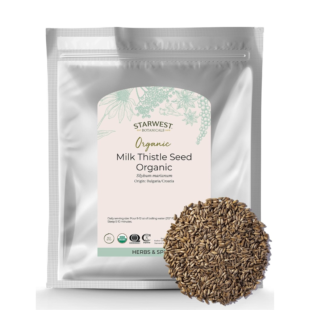 Starwest Botanicals Organic Milk Thistle Seed Whole - 차 및 요리를위한 느슨한 리프 밀크 이틀, 주스 혼합, 스무디, 오트밀, & 요구르트, 공인 코셔, 비 GMO - 대량 1 파운드 가방에 추가