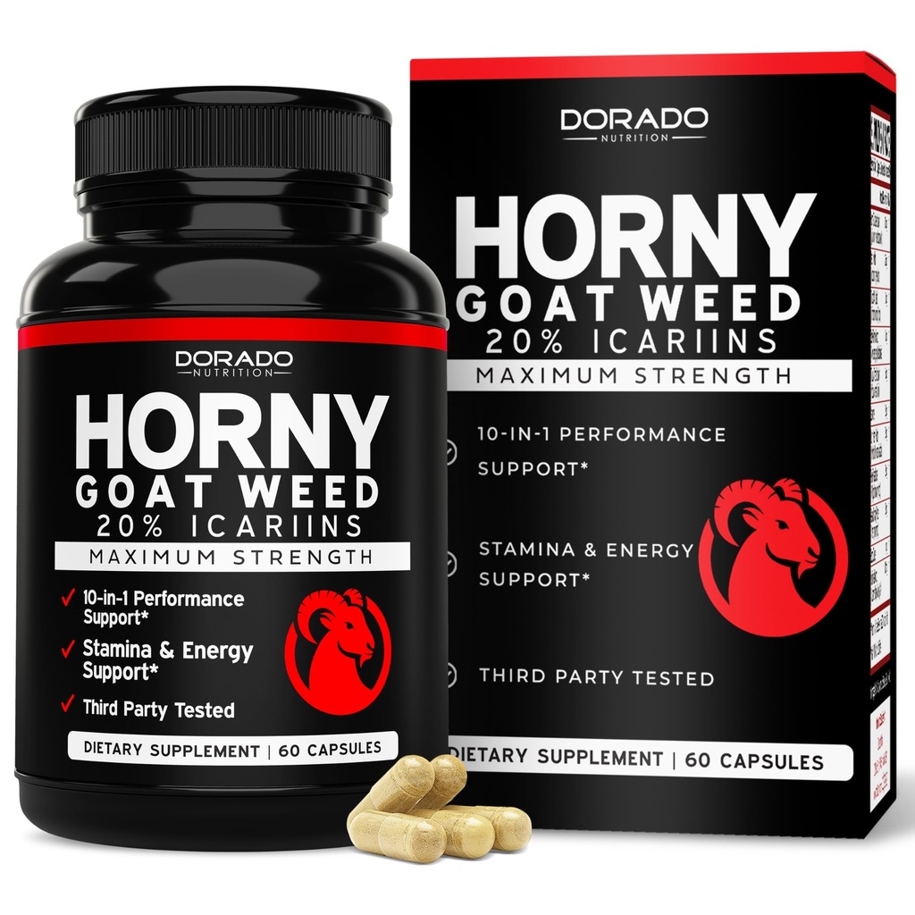 Horny Goat Weed For Men and Women - [20% Icariins Max Strength] - 체력, 내구시간, 순환, 합동 & 뒤 지원 - Maca 뿌리, 인삼, Yohimbine, Tribulus, L-Arginine - 미국 제작 - 60 조사