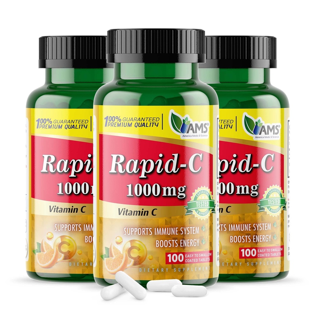 America Medic & Science Rapid-C 1000mg 비타민 C 보충 (3 팩 100 정제) 에너지 부스터, 매일 면역 체계 지원, 산화 방지제 | Vegan, Non-GMO는 성인 남자 & 여자를 위한 아스코르브산을 입혔습니다