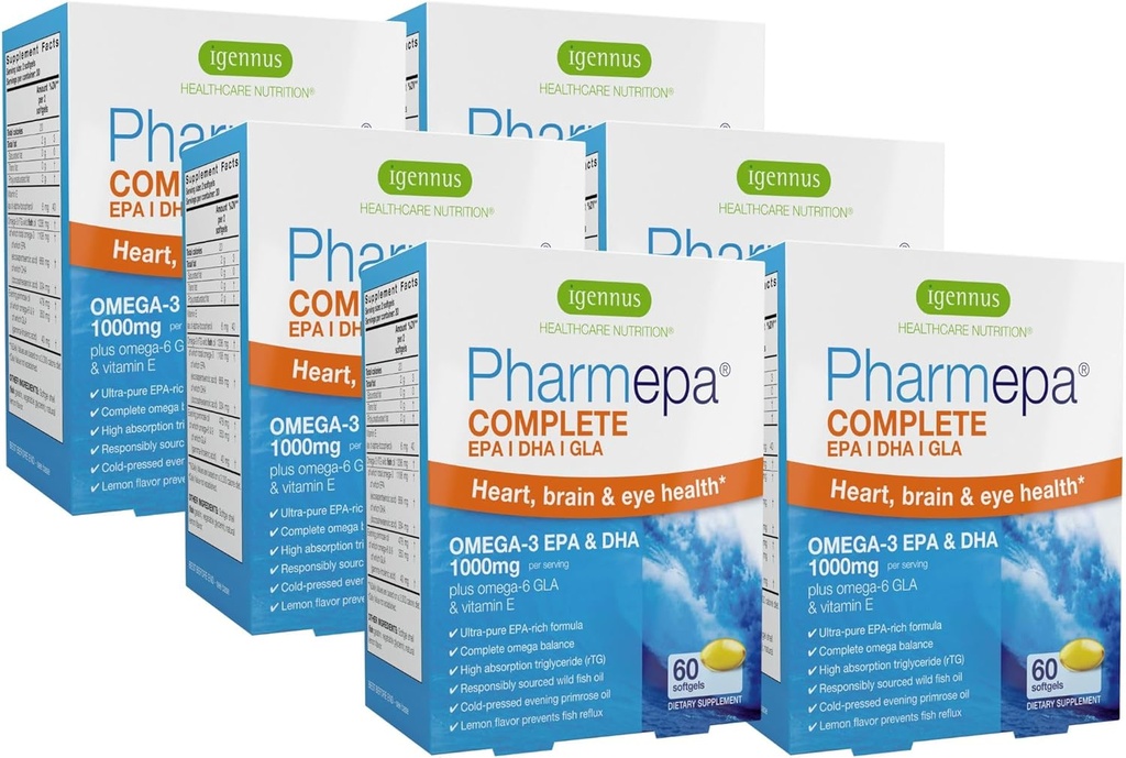 Igennus Pharmepa 완전한 EPA 668mg & DHA 334mg Omega-3 지방산 1000mg의 IFOS는, rTG 모양, GLA 저녁식사 기름, 레몬 풍미, 360 Softgels에서 높은 힘 물고기 기름 플러스 Omega-6 & 9를 증명했습니다