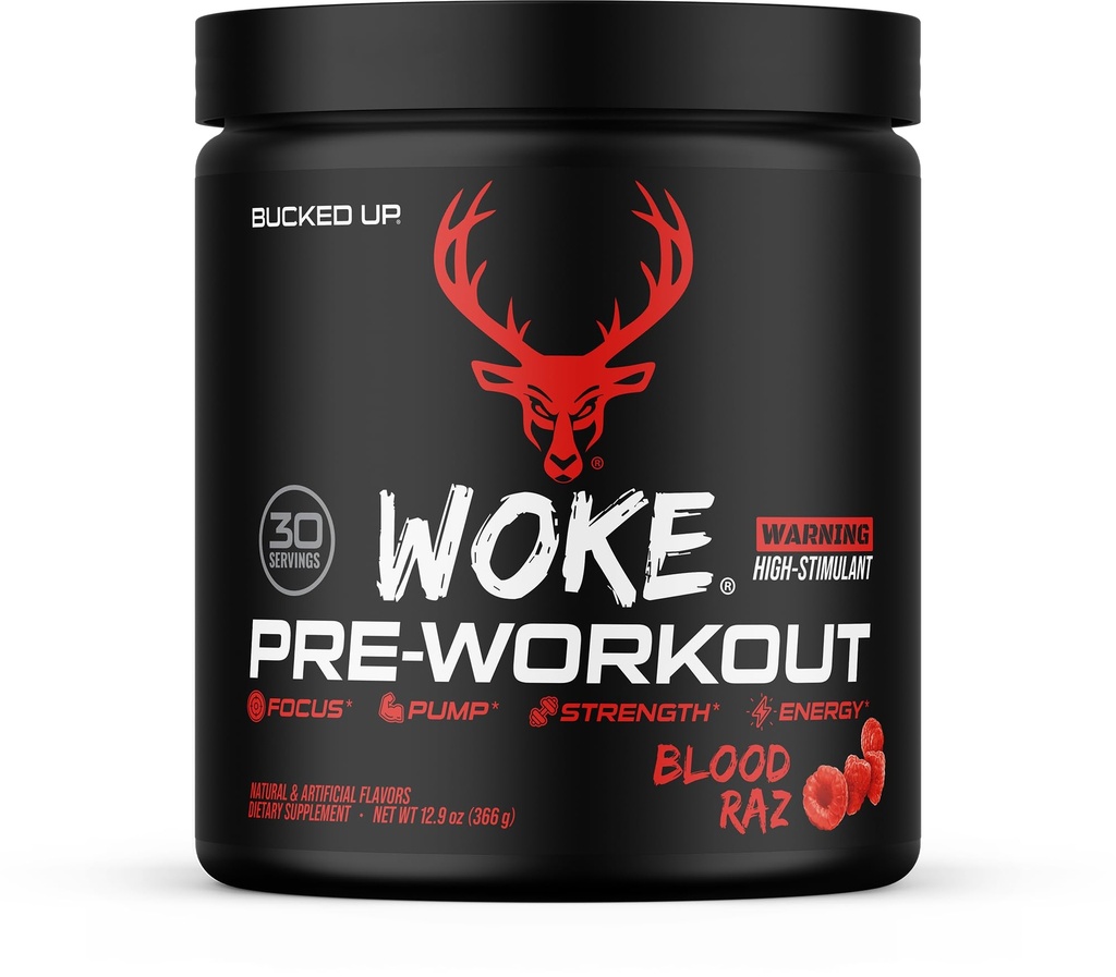 Bucked Up - Woke - 높은 STIM Pre 운동 - 최고의 타스팅 - 초점 Nootropic, 펌프, 힘 및 성장, 30 서빙 (Blood Raz)