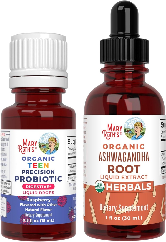 MaryRuth Organics Precision Probiotic Drops for Teens (Raspberry) & Ashwagandha Drops | USDA Organic | 과트 건강, 휴식 및 전반적인 웰빙을위한 비타민 | Vegan, Non-GMO, 글루텐 무료