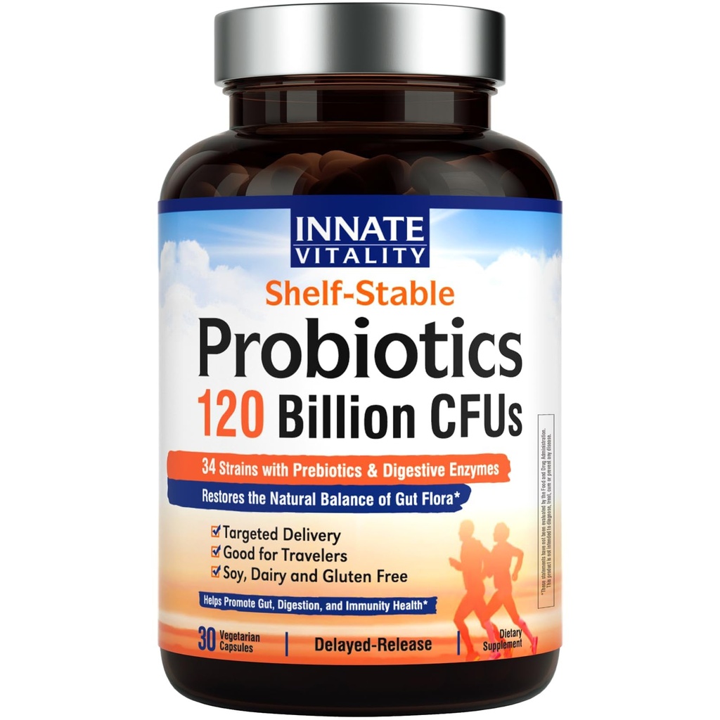 Innate Vitality Probiotics 120 Billion CFUs for Men & Women, 34 Prebiotics & Digestive Enzymes, Immune & Digestive Health, Delayed Release, 선반 안정, 30 Vegan 캡슐