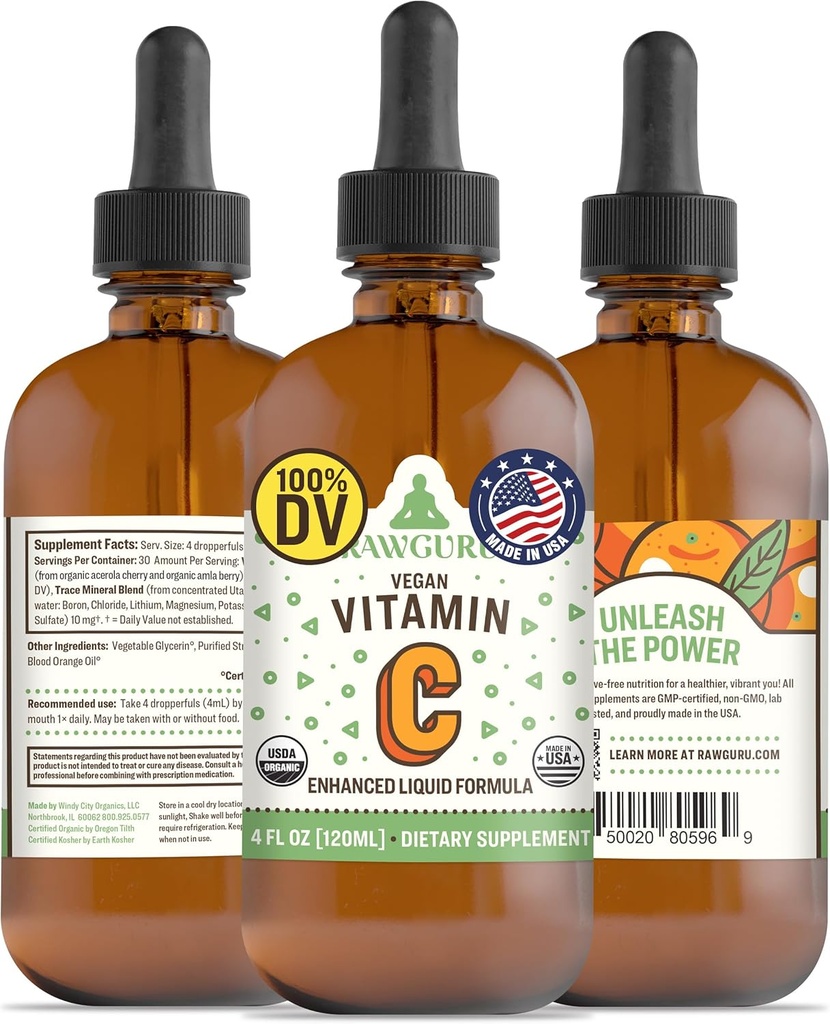 RawGuru Organic Vitamin C Tincture - Trace Minerals - Nano-Processed Antioxidant & Immune Support Supplement Tincture - 120 ml 당 Vegan Drops의 30 서빙, 1 팩