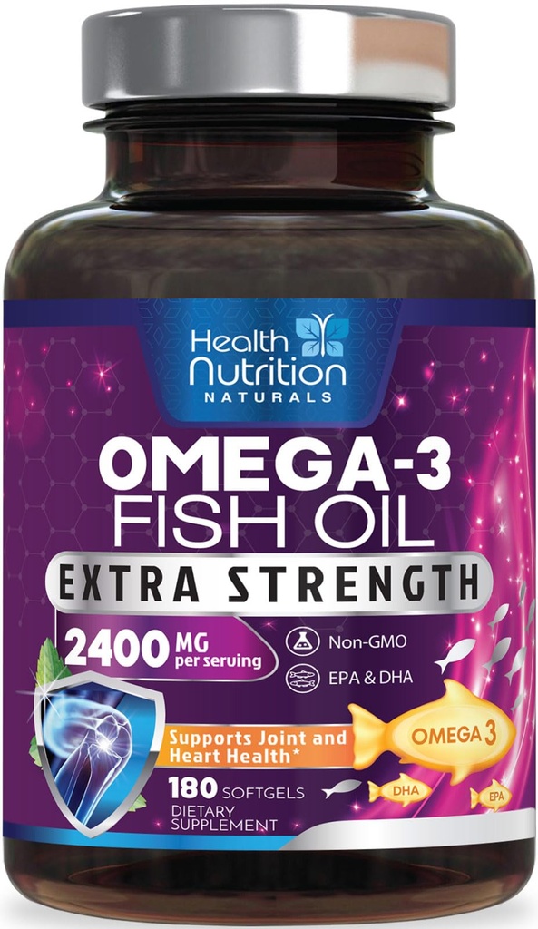 오메가 3 물고기 기름 2400 mg - 세 배 힘 Omega3, EPA & DHA 지방산 보충교재 - 면역, 심장 & 뇌 건강을 위한 자연적인 지원 - 야생 잡힌, 비 GMO, 레몬 풍미, Burpless - 180 Softgels