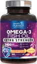 오메가 3 물고기 기름 2400 mg - 세 배 힘 Omega3, EPA & DHA 지방산 보충교재 - 면역, 심장 & 뇌 건강을 위한 자연적인 지원 - 야생 잡힌, 비 GMO, 레몬 풍미, Burpless - 180 Softgels