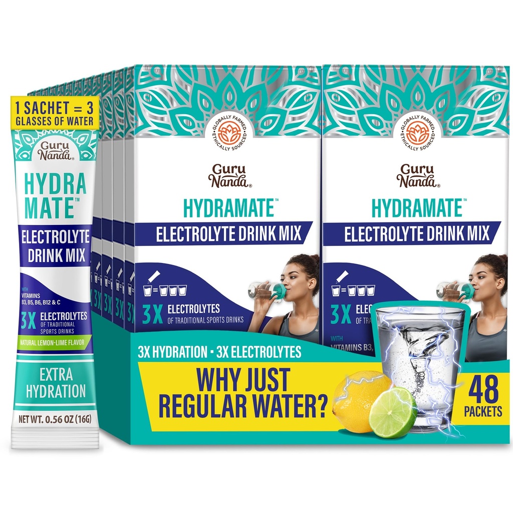 GuruNanda Hydramate Hydration 지원 음료 혼합 - 탈수, 운동 및 에너지를위한 전해질 분말 패킷 - 추가 감미료, 비 GMO, 천연 레몬 라임 풍미 - 48 개 (각 0.56 oz)