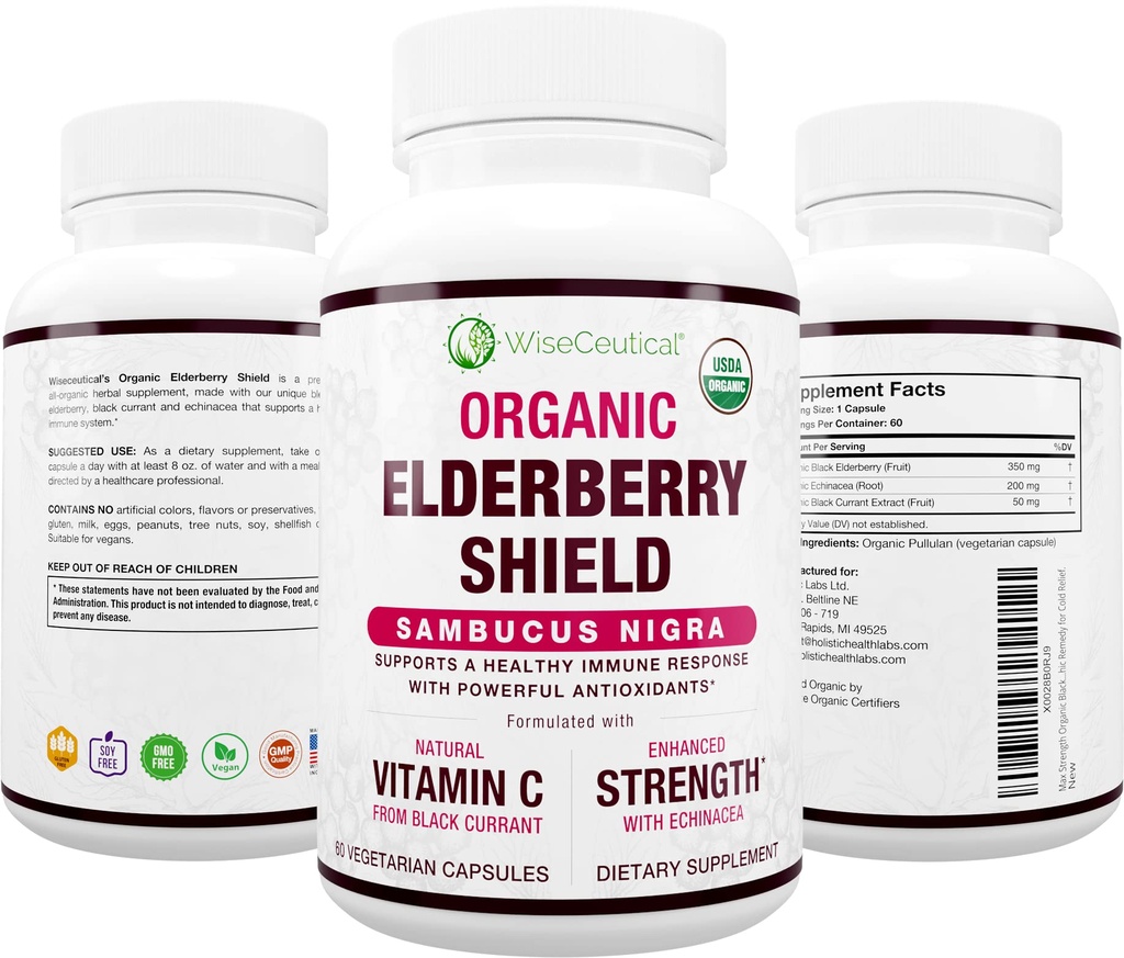 Max Strength USDA Organic Black Elderberry, Black Currant Extract & Echinacea | 천연 면역 지원 및 비타민 C에서 3 | 설탕 무료, 채식주의 OK | Homeopathic Remedy | 60 개