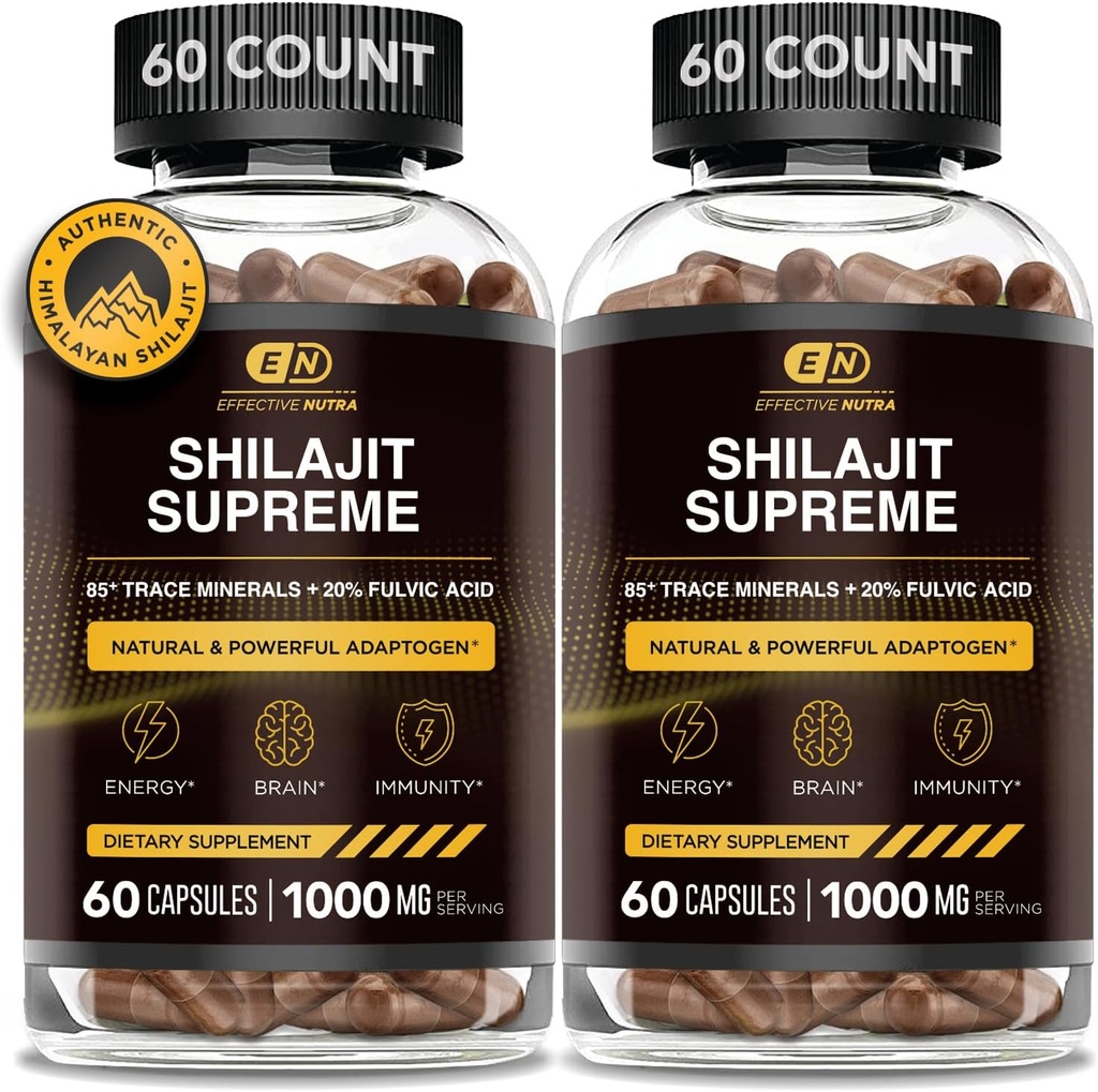 EFFECTIVE NUTRA 순수 Shilajit 캡슐 남성 및 여성 - 남성 및 여성을위한 순수한 Himalayan Shilajit - Trace Minerals & Fulvic Acid - 10000mg of Authentic Shilajit Extract (120 카운트)