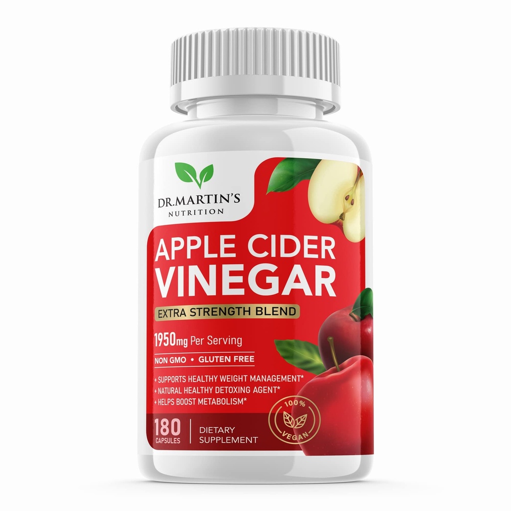 Pure 1950mg Apple Cider Vinegar Supplement | 180 캡슐 | No Sour Taste | 건강한 대사를위한 알약, Bloating & Energy | Detox & Digestion Support| Non-GMO, 글루텐 프리 | 100 % 천연 및 원시