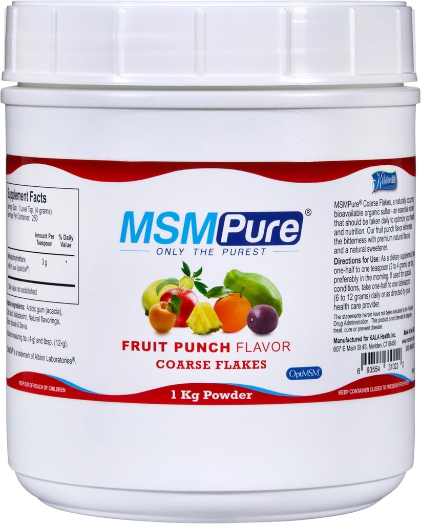 KALA HEALTH MSMPure 과일 펀치 맛있는 조악한 MSM 분말 조각 – 합동 건강, 피부 외관 및 머리 & 못 지원 – 2.2 lb의 유기 황새를 위한 미국 잎 MSM