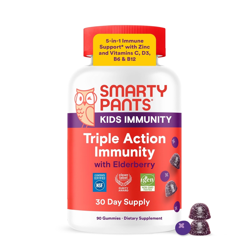 SmartyPants Kids Immunity Elderberry Gummies : 어린이 면역 지원 보충교재, 비타민 C, 비타민 D, 비타민 B6 & B12 및 아연, 글루텐 무료, 엘더베리 맛, 60 카운트 (30 일 공급)