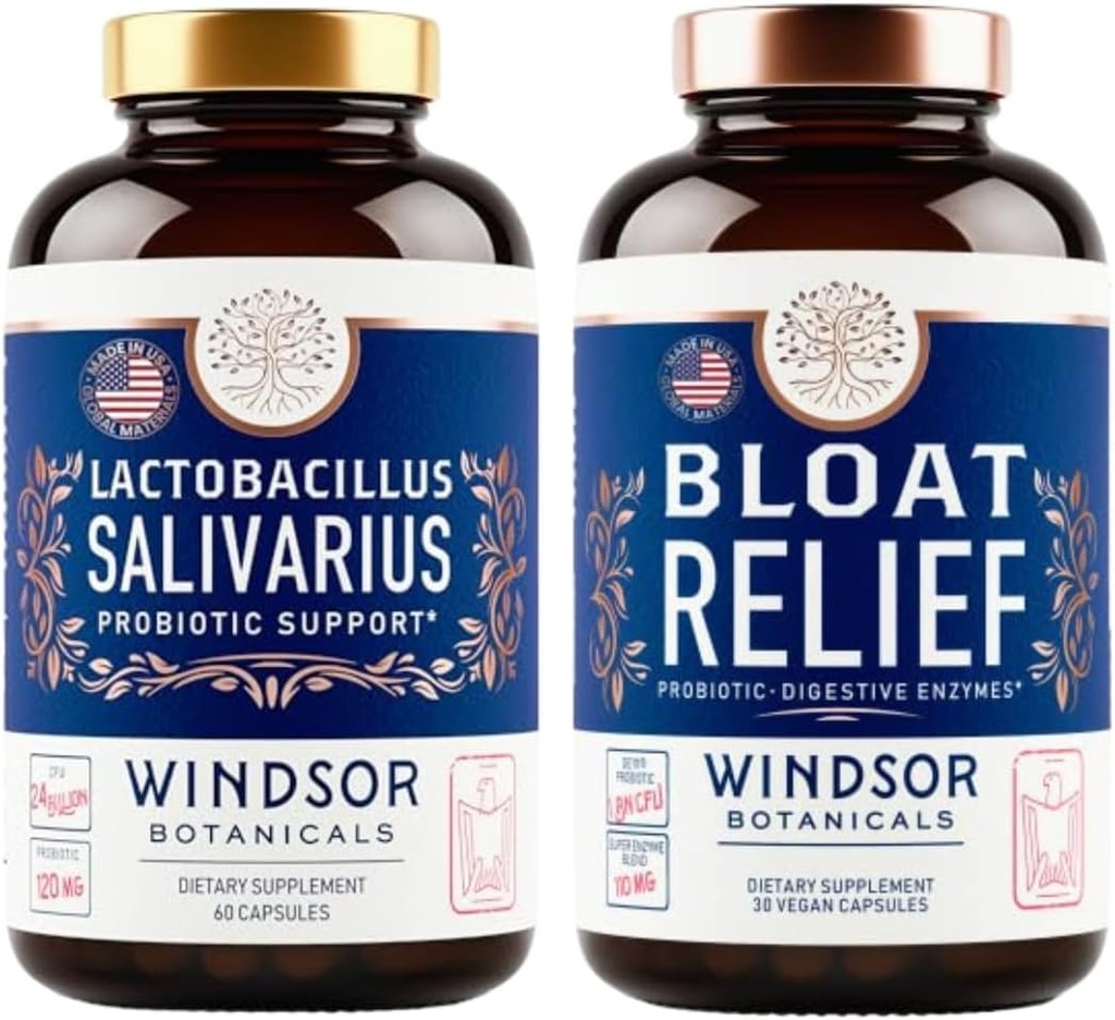 WINDSOR BOTANICALS Bloat 완화 및 Lactobacillus Salivarius Probiotic 캡슐 - 구강 및 IBS 지원 번들