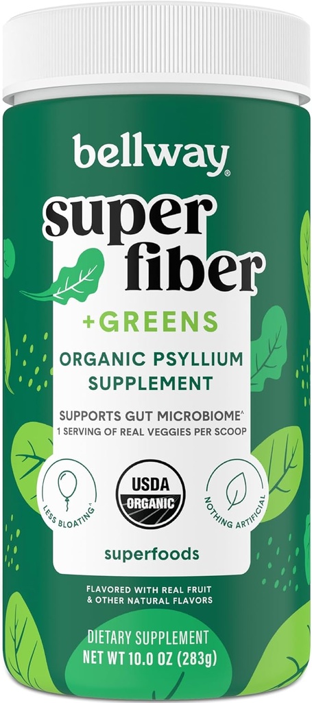 Bellway Super Fiber + Greens Powder, Sugar-Free Psyllium Husk Fiber Supplement Powder with Super Greens (30 서빙)