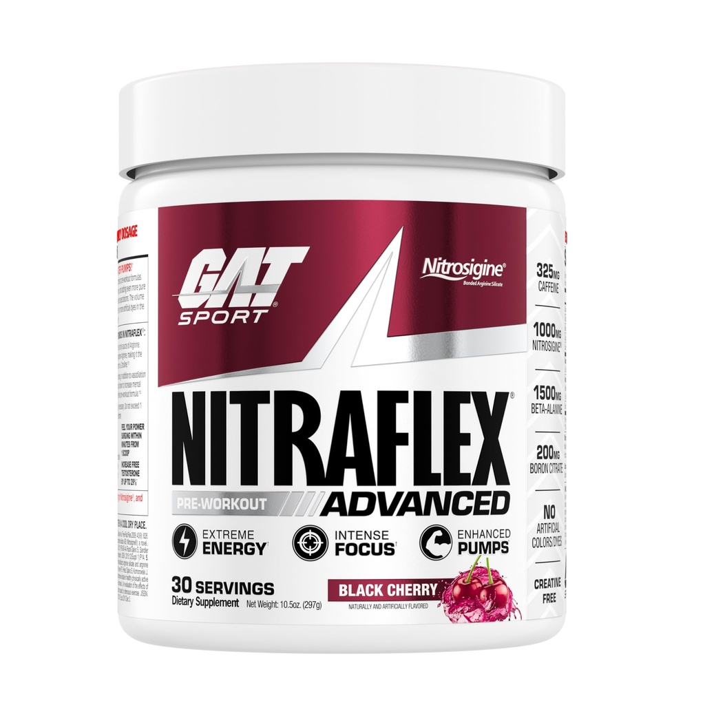 GAT SPORT Nitraflex 고급 사전 운동 분말, 혈액 흐름 증가, 부스트 힘과 에너지, 운동 성능 향상 (블랙 체리, 30 서빙)