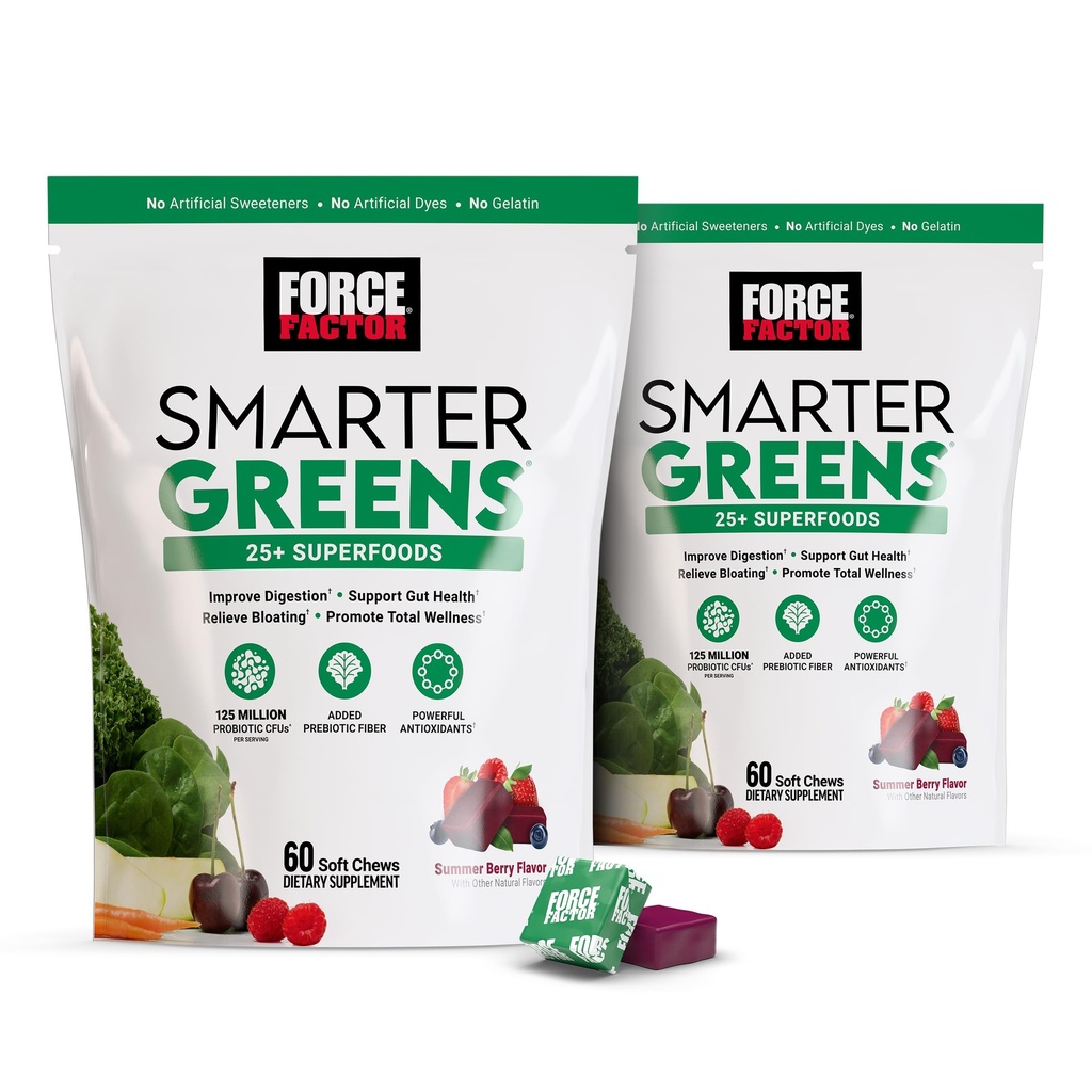 FORCE FACTOR Smarter Greens Superfood Chews, 2-Pack, Greens and Superfood with Probiotics, 산화 방지제 및 섬유, 소화, 질소 산화물 및 에너지, 120 Soft Chews를 지원하는 Greens 보충교재